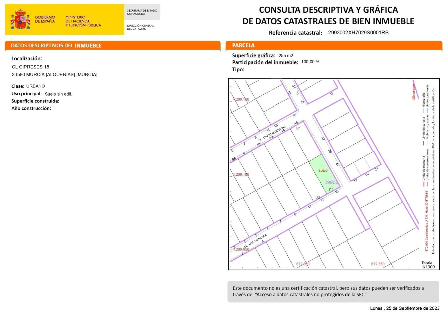 255 m2 DE SOLAR URBANO EN ALQUERIAS. HACIENDO ESQUINA, ORIENTACION SUR Y ESTE.